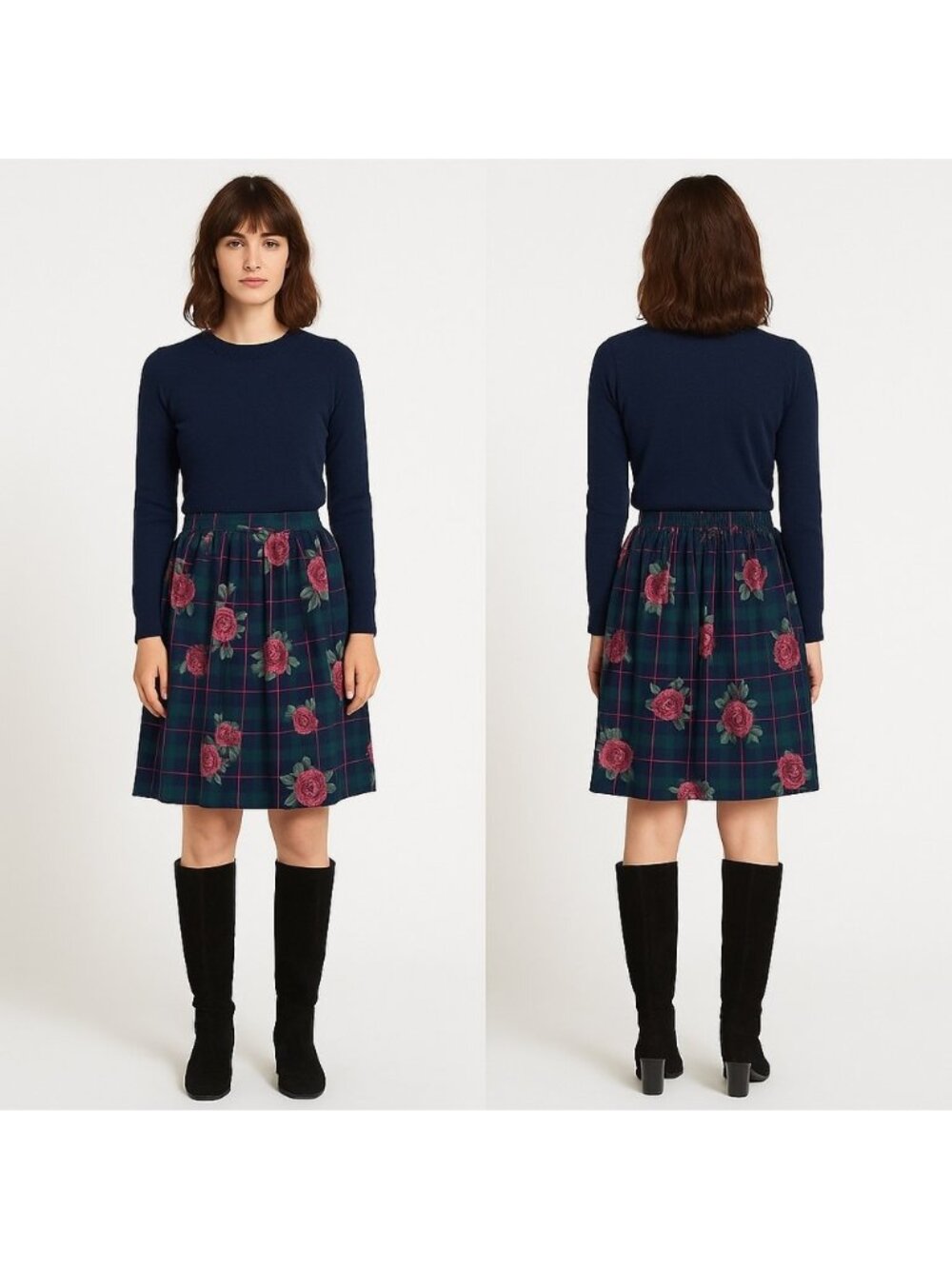 Vintage Tanjay Navy Tartan Rose Floral Pleated Skirt